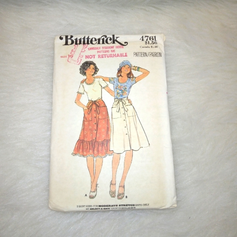 BUTTERICK 4761 Size 16 Misses Button Front Skirt with pockets and T Shirt